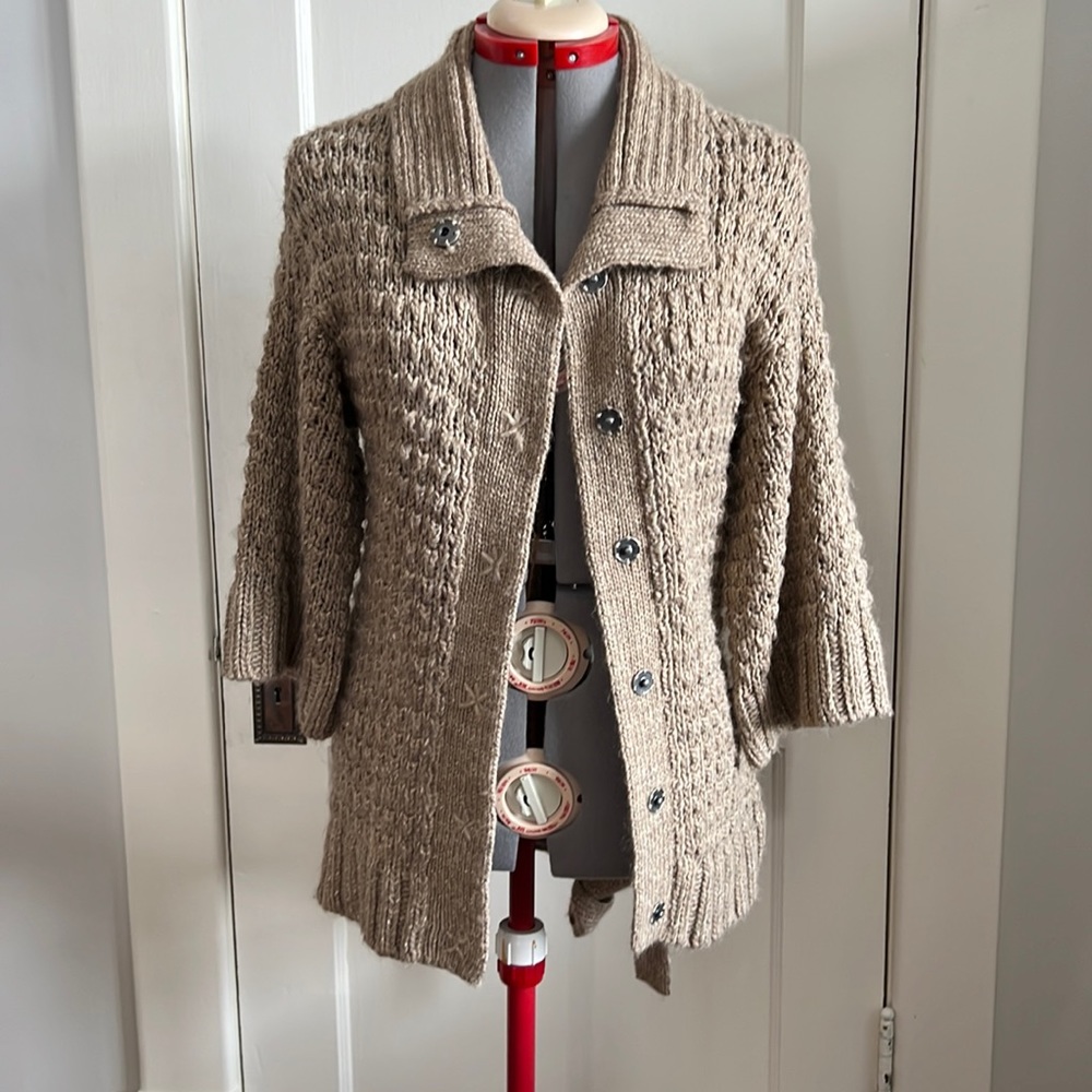 Sandwich_ cardigan / jacket. Knitted alpaca blend. Taupe. Size L